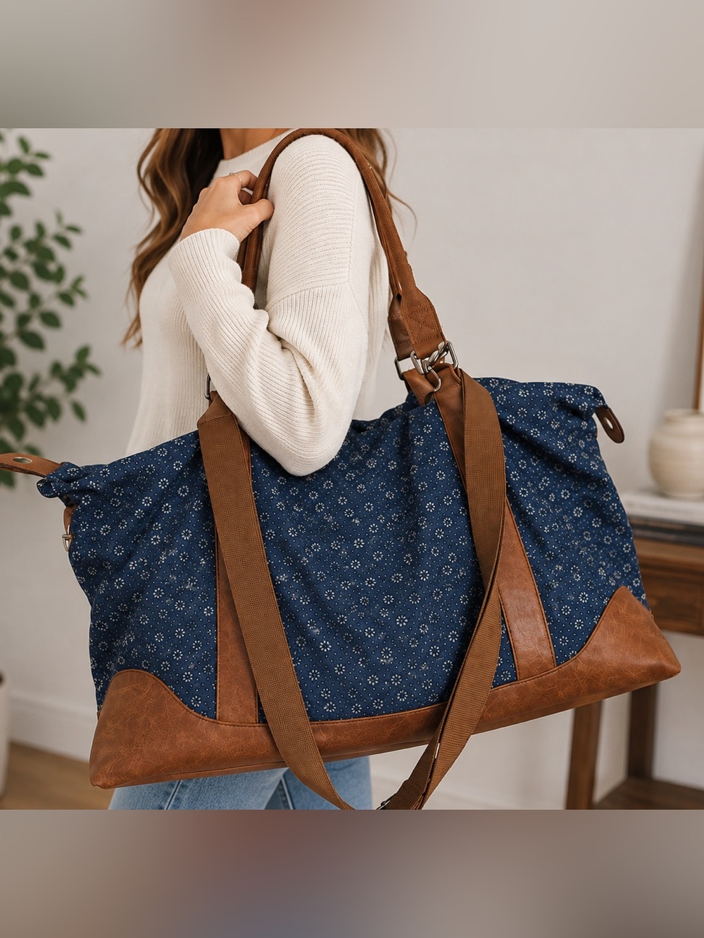 Bueno Blue White Floral Canvas Weekender Bag Tan Trim shoulder strap Travel